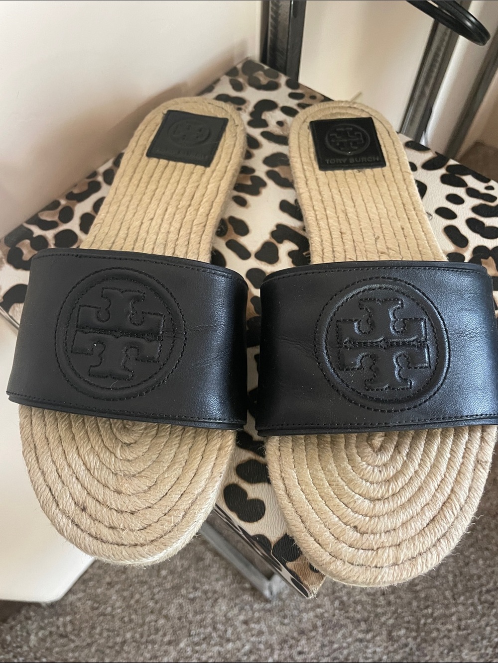Tory Burch Black Leather Slide Sandals with Espadrille Rope Footbed